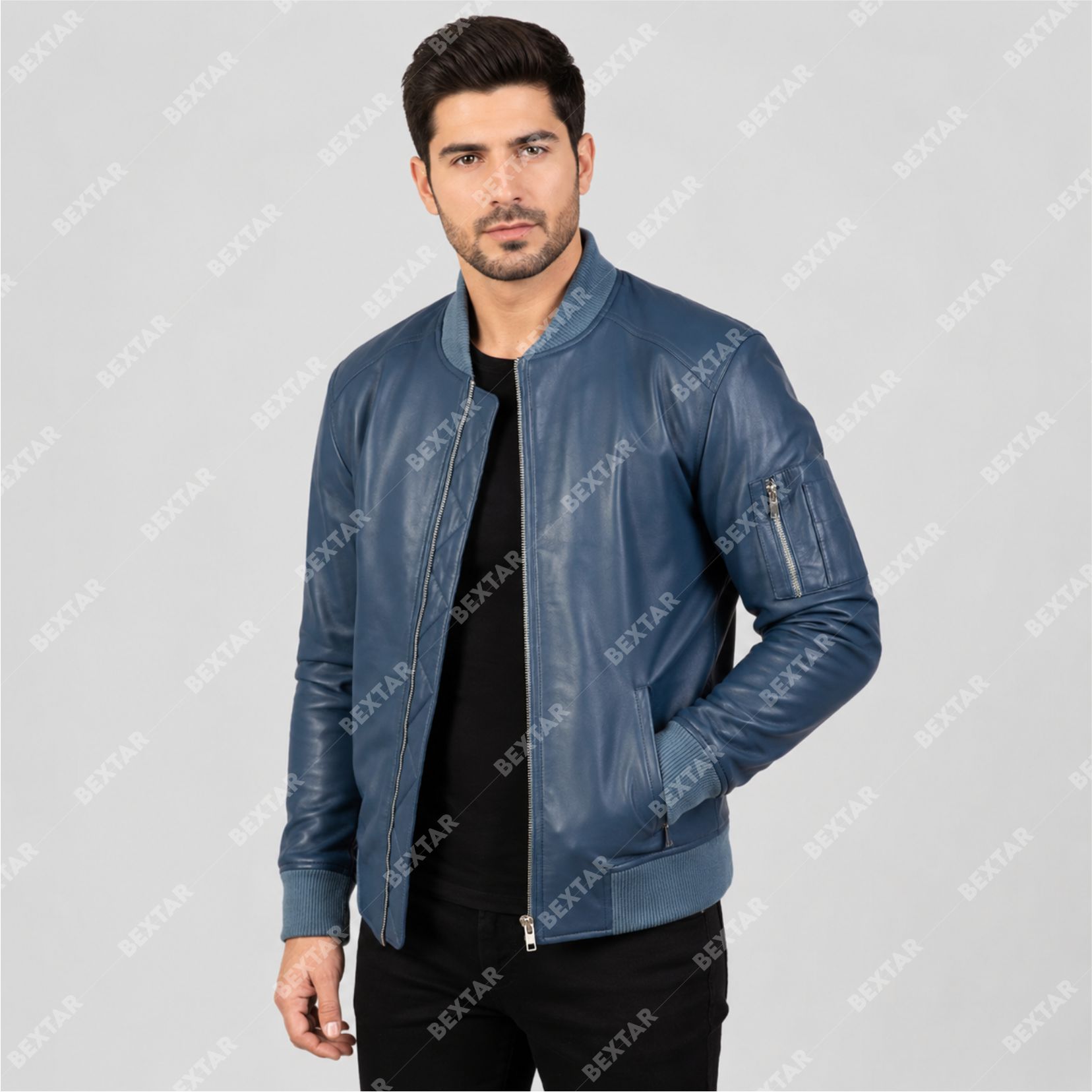 Blue Semi-Aniline Sheepskin Leather Jacket – THE BEXTAR Blue Semi-Aniline Sheepskin Leather Jacket – THE BEXTAR