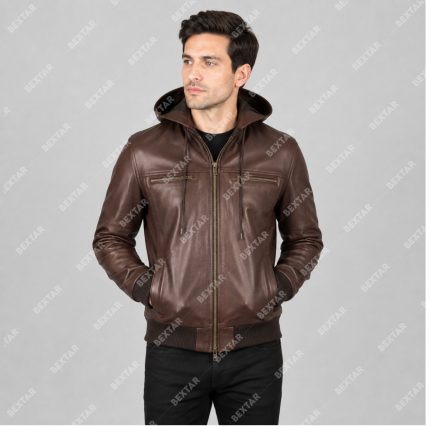 Brown Pull-Up Cowhide Leather Jacket with Detachable Hood – THE BEXTAR