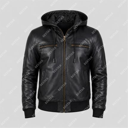 Black Semi-Aniline Cowhide Leather Jacket with Detachable Hood – THE BEXTAR