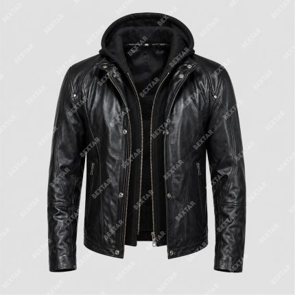 Black Genuine Cowhide Leather Jacket with Detachable Hood – THE BEXTAR