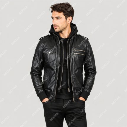 Black Semi-Aniline Sheepskin Leather Jacket with Removable Hood – THE BEXTAR
