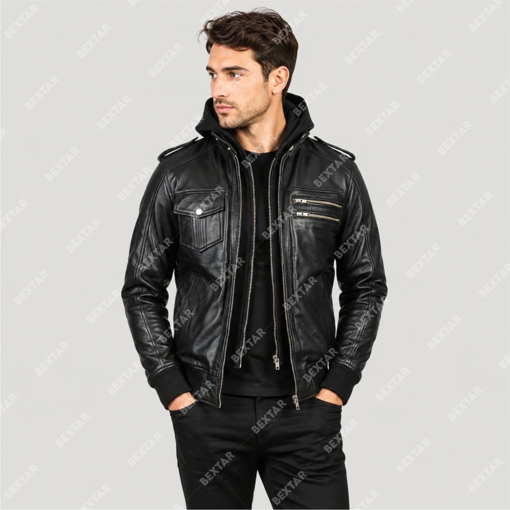 Black Semi-Aniline Sheepskin Leather Jacket with Removable Hood – THE BEXTAR Black Semi-Aniline Sheepskin Leather Jacket with Removable Hood – THE BEXTAR